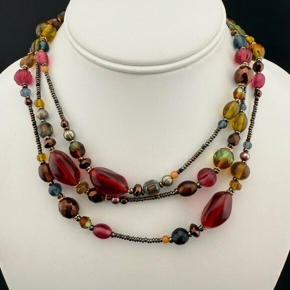 Vintage Multicolor Glass Bead Necklace Long Strand With Gold-Tone Accents Boho S - Picture 1 of 11